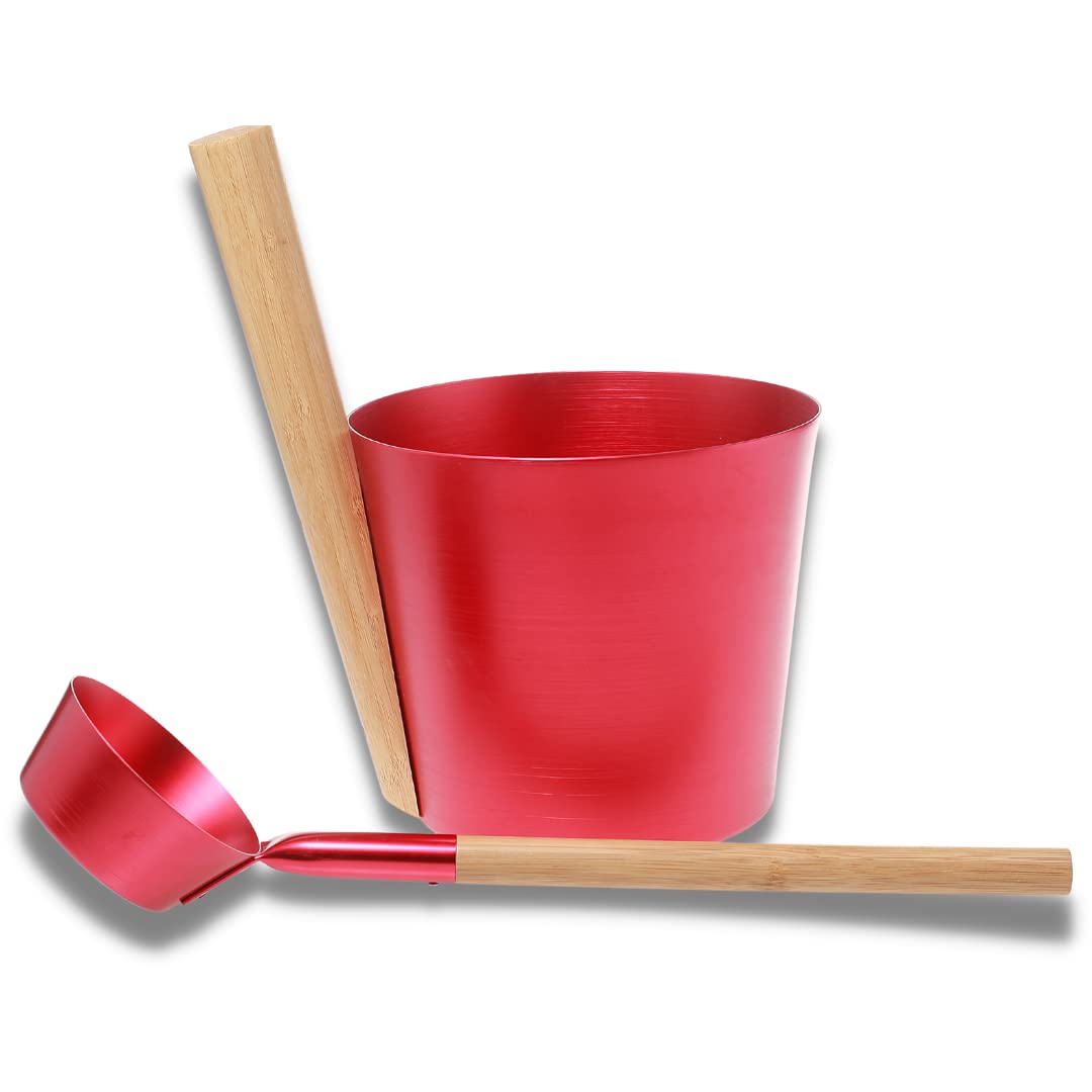 SULENO - Sauna Set ANEA Aufgusskübel 5 Liter Schöpfkelle Saunakübel Kübel Kelle (rot metallic)