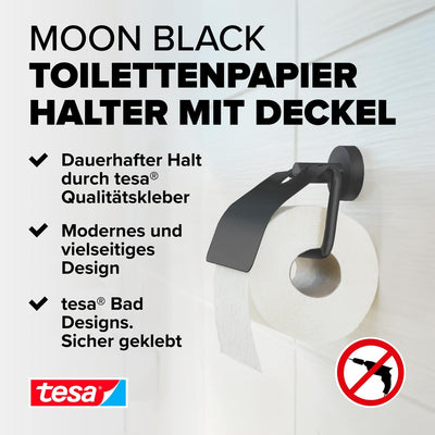 tesa Moon Black Toilettenpapierhalter mit Deckel, matt schwarz - WC-Rollenhalter zur Wandbefestigung