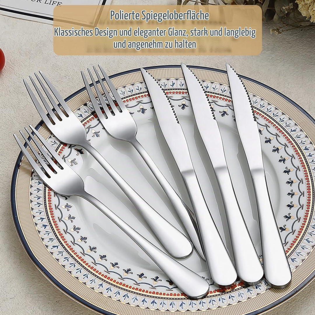 Evanda Steakbesteck 24 teilig, Edelstahl 12 Tafelgabeln und 12 Tafelmesser Set, Steakmesser Steakgab