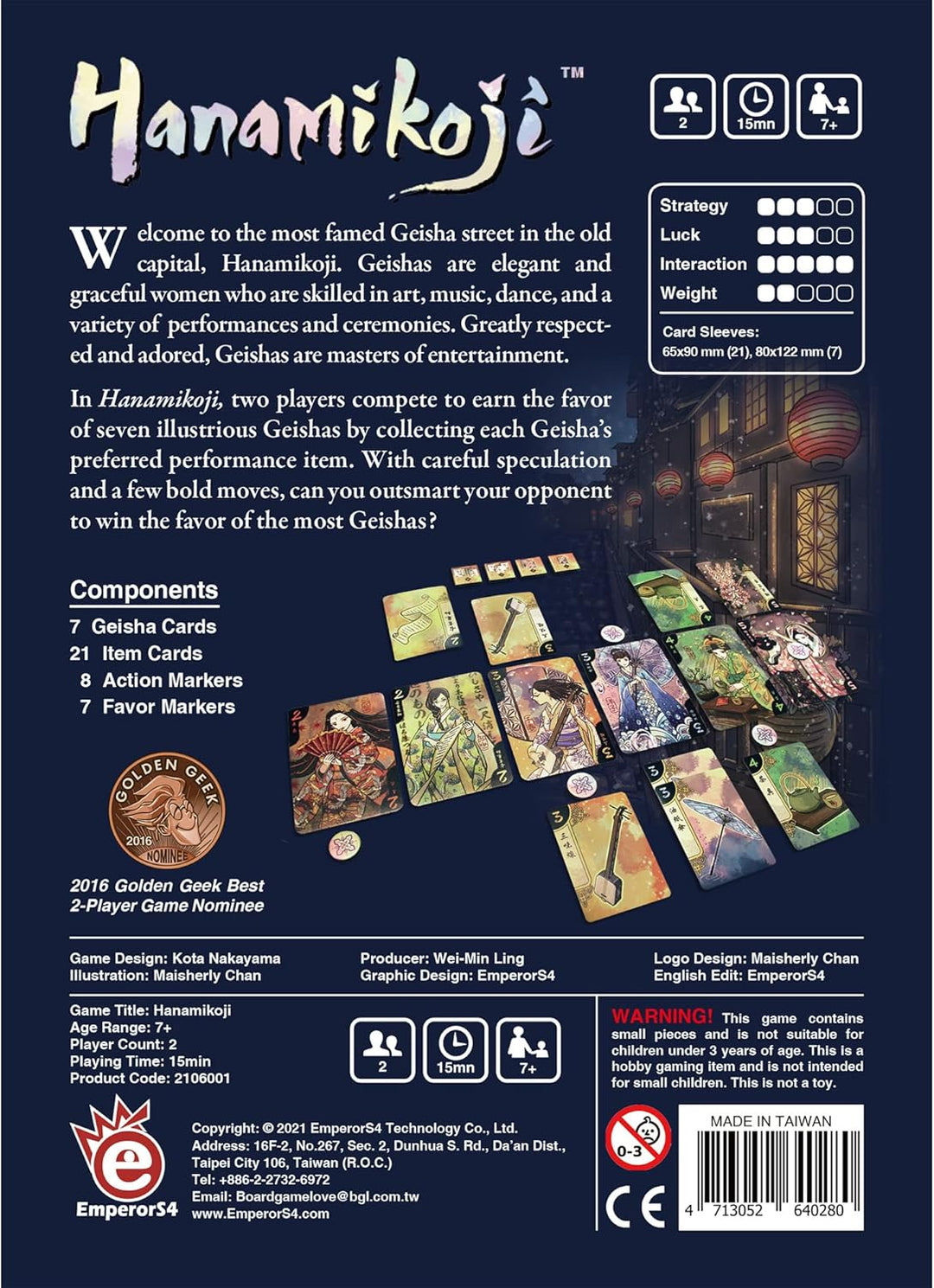 Asmodee EmperorS4, Hanamikoji, Board Game, 2 Players, Ages 10+, 15 Minute Playing Time