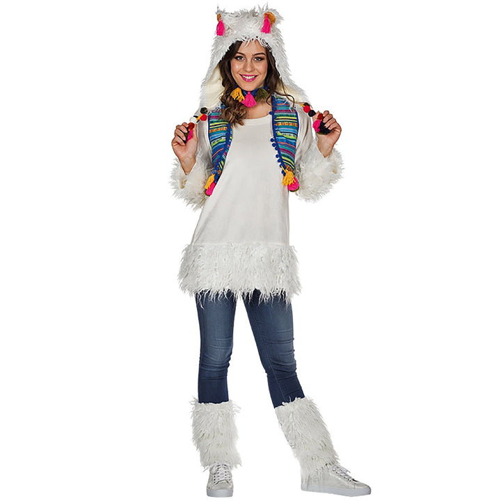 PartyXPeople Lama Kostüm inkl. Stulpen und Mütze ǀ Alpaka Tier Verkleidung Damen ǀ weiss 13302 (38),