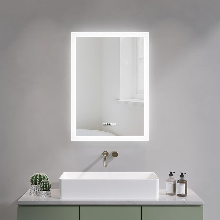 AQUABATOS LED Spiegel mit Uhr 50x70 cm Badspiegel mit Beleuchtung und Uhrzeit 3 Lichtfarben Dimmbar