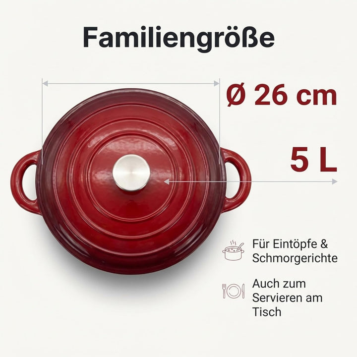 Homira Emaille Gusseisen Topf Bräter Schmortopf Ø 26 cm – Ideal für alle Herdarten, Rot