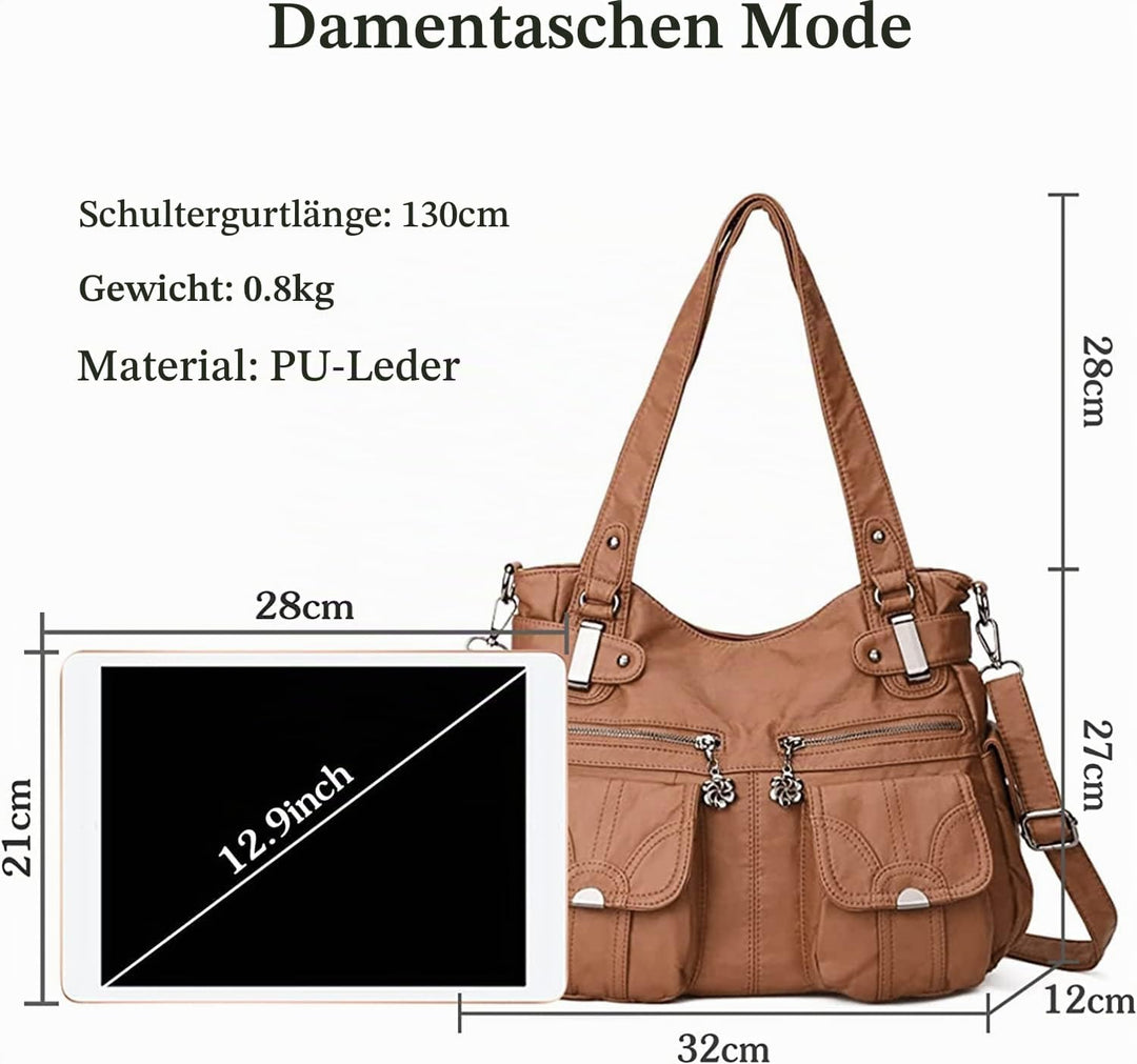 FANDARE Gross Schultertasche Damen Umhängetasche Frauen Vintage Schulranzen Wasserdicht PU Leder Wom