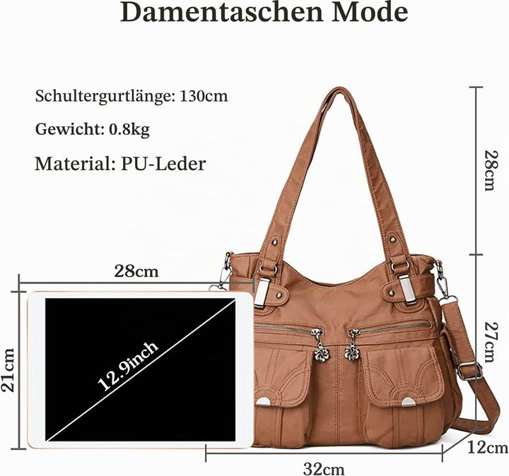FANDARE Gross Schultertasche Damen Umhängetasche Frauen Vintage Schulranzen Wasserdicht PU Leder Wom