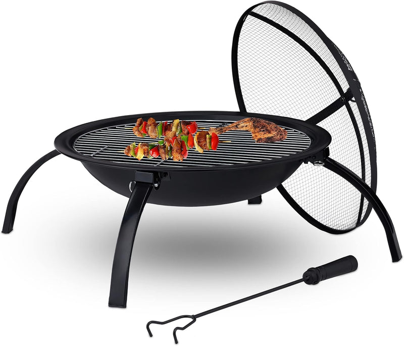 Relaxdays Feuerschale, Funkenschutz, Grill- & Holzrost, Schürhaken, Garten & Terrasse, D 55,5 cm, Fe