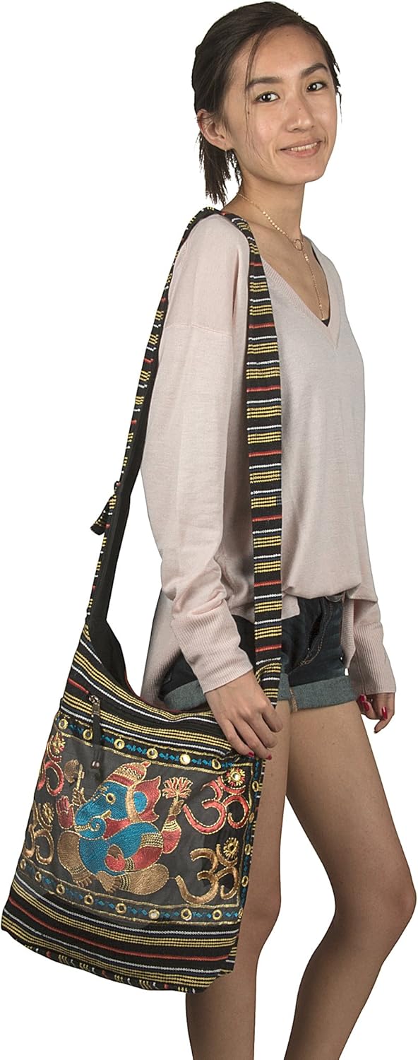 Tribe Azure Fair Trade Damen Hobo OM Schwarz Kreuz Body Schulter Tasche Elefant Bestickt Schule Allt