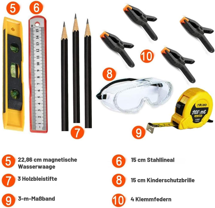 Kinder-Werkzeug-Set, Junge Bauarbeiter, Kindergrösse, echter Handwerkzeug,25-teilig, Hammer, Lernwer