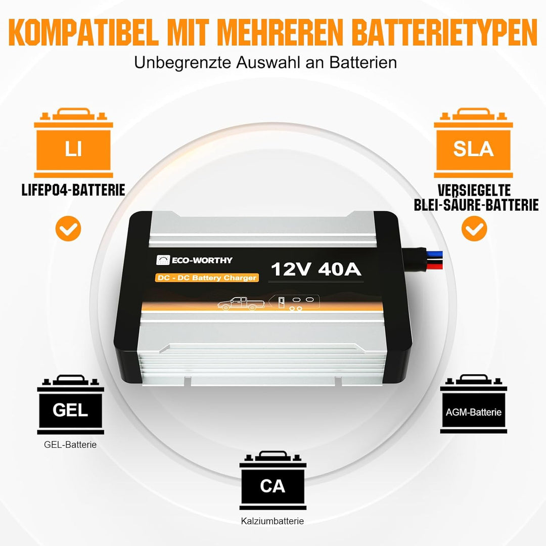 ECO-WORTHY Ladebooster 12V 40A DC-DC Batterieladegerät für LiFePO4 Batterie,Gel, Ladebooster für Woh