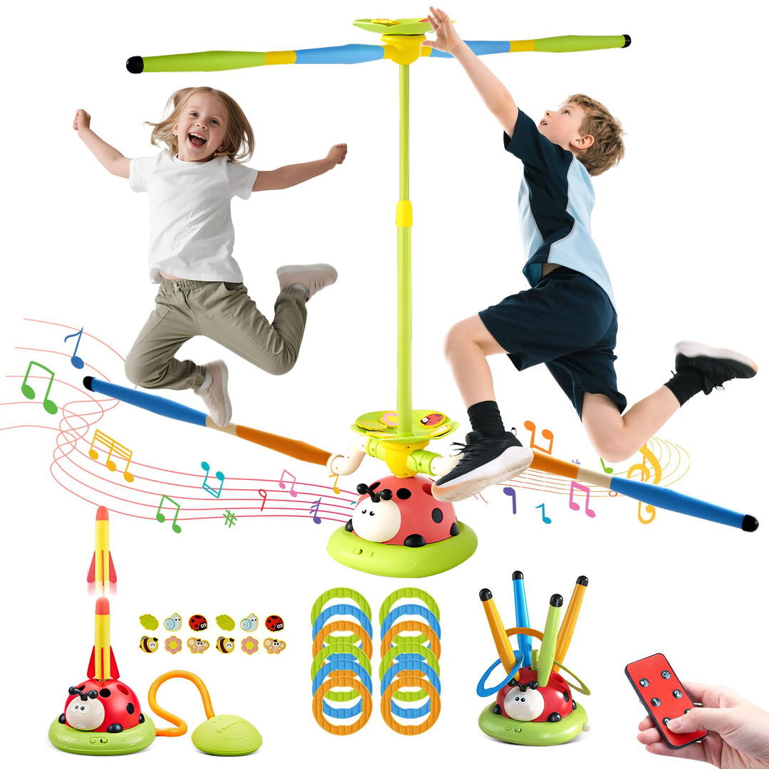 RoserRose 5-in-1 Outdoor Spiele für Kinder, Rakete Spielzeug, Springseil, Ringwurfspiel, Ausweich Sp