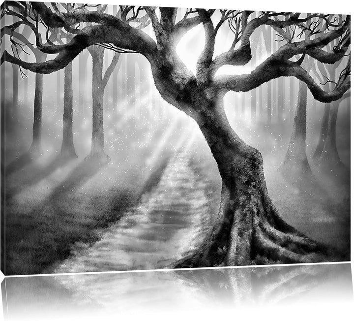 Pixxprint Baum am Waldweg / 100x70cm Leinwandbild bespannt auf Holzrahmen/Wandbild Kunstdruck Dekora