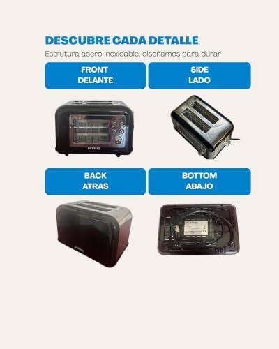 Toaster aus Edelstahl, 2 breite Schlitze, 800 W in 7 Stufen, 2 Brotscheiben, Glassteuerungsfenster,