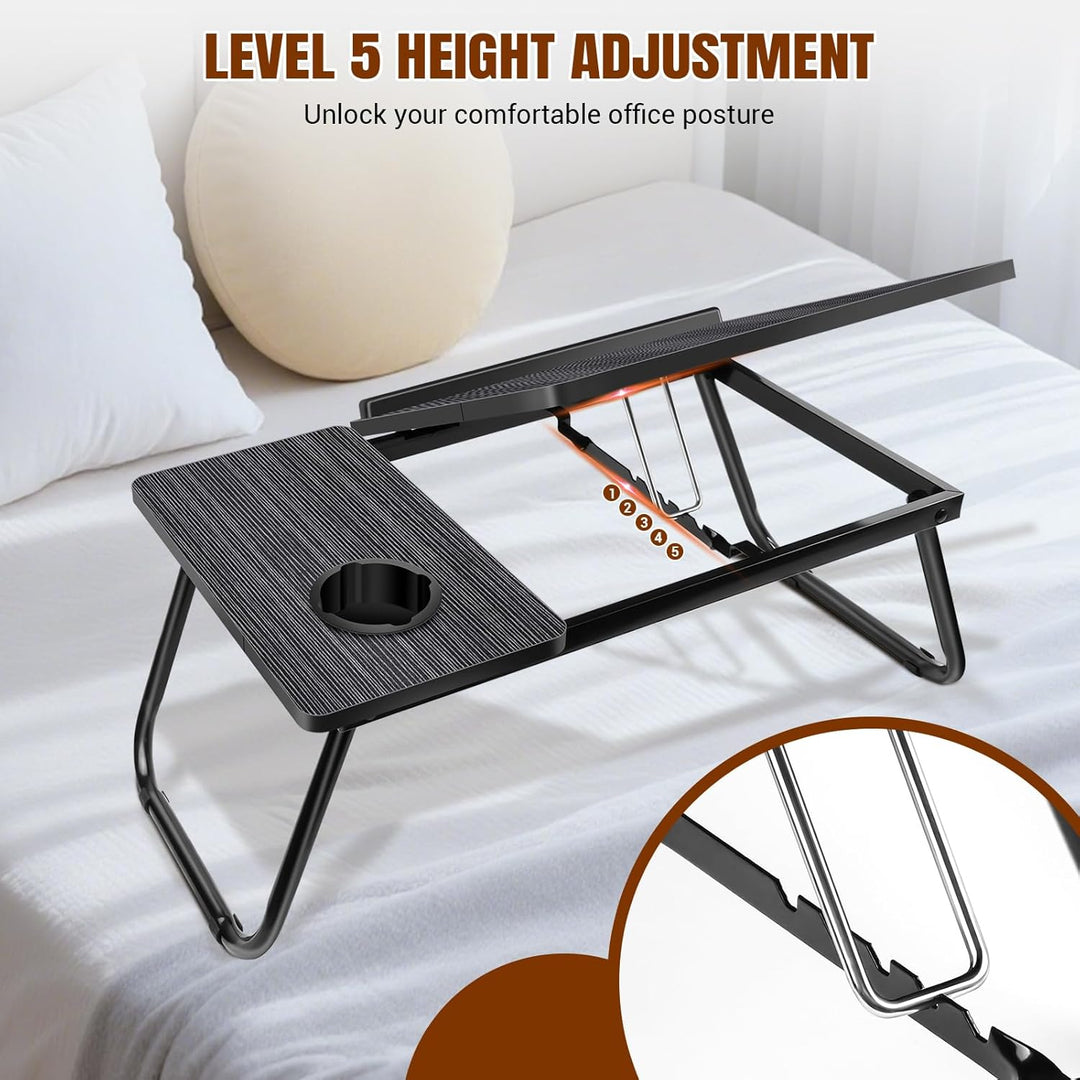 Laptop Bed Table with Foldable Legs &amp; Cup Slot,5-Level Height and Angle Adjustable Holder Notebook S
