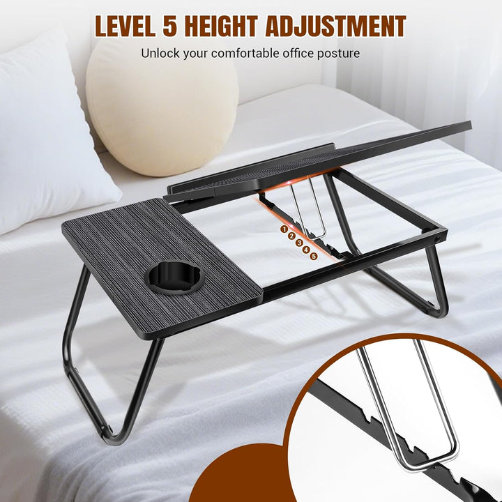 Laptop Bed Table with Foldable Legs &amp; Cup Slot,5-Level Height and Angle Adjustable Holder Notebook S