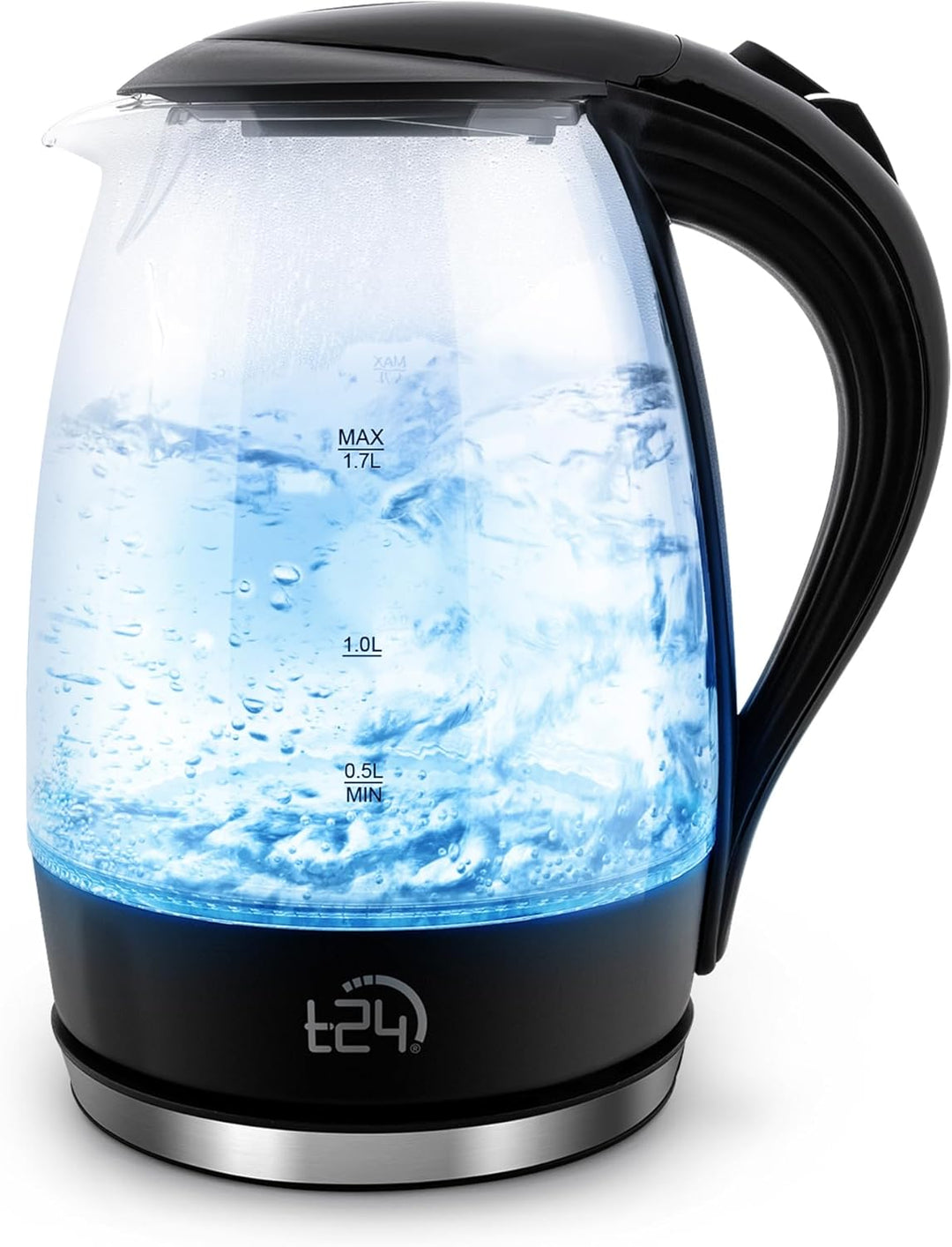 T24 Glas Wasserkocher 1,7L, 2200W, LED-Beleuchtung, 100% BPA-frei, Verdicktes Borosilikatglas, Trock