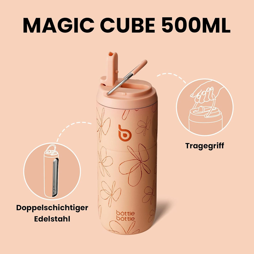 bottlebottle Edelstahl Trinkflasche mit Strohhalm 500ml, auslaufsichere Sportwasserflasche, ideal fü