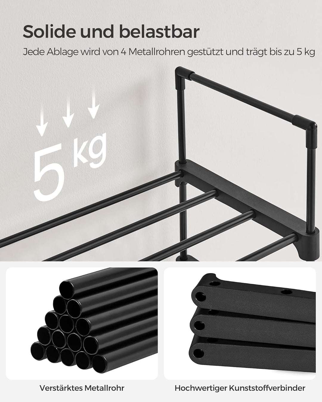 SONGMICS Schuhregal mit 10 Ebenen, offener Schuhschrank hoch, Schuhständer schmal, Schuhaufbewahrung