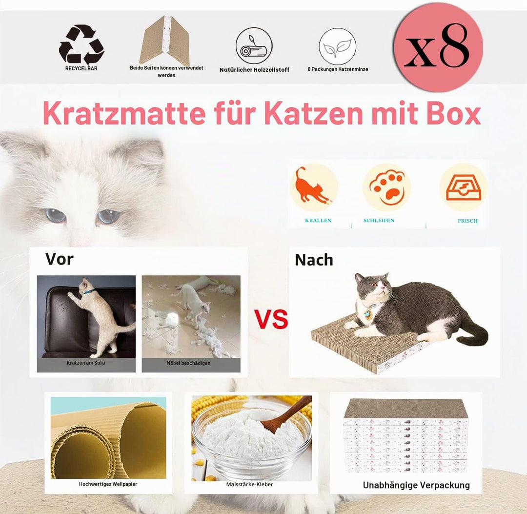 8 Packungen in 1 Katzenkratzkissen, Katzenkratzer aus Karton, wendbar, langlebig, recycelbar, Premiu