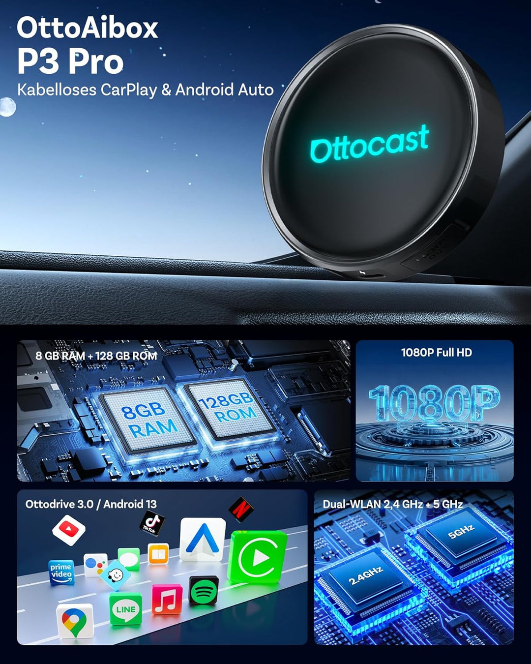 Ottocast P3 Pro, Wireless CarPlay & Android Auto Adapter mit Android 13, Snapdragon SM6225, 8GB RAM+