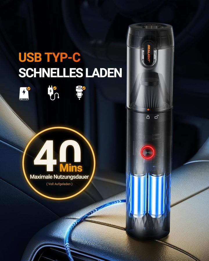 SEALIGHT Handstaubsauger Akku Kabellos,29000PA 4-in-1 Mini Autostaubsauger mit 40 Minuten Akkulaufze