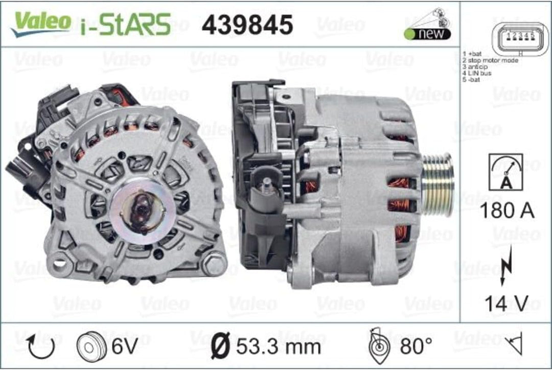 VALEO 439845 Generator Ladestrom des Generators: 180 Amp Rippen: 6 rippen Riemenscheibe Ø: 53,3 mm S