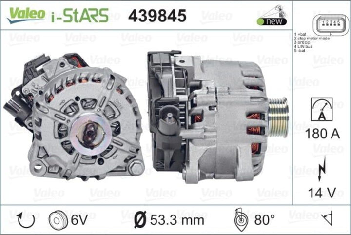 VALEO 439845 Generator Ladestrom des Generators: 180 Amp Rippen: 6 rippen Riemenscheibe Ø: 53,3 mm S