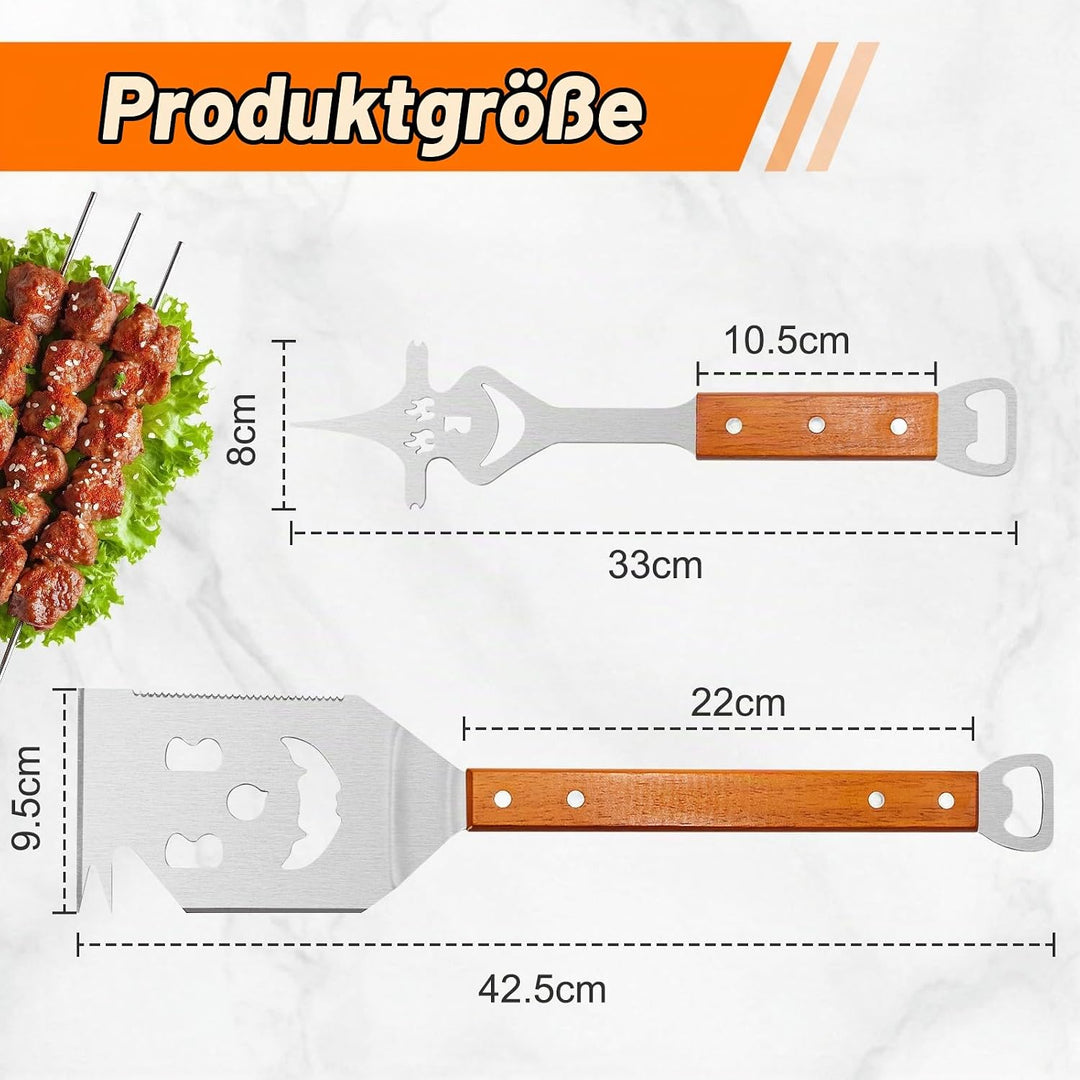 7 in 1 Multifunktion Grillbesteck Set, 2 Stück Edelstahl Grillspachtel für Barbecue Grill mit Holzgr