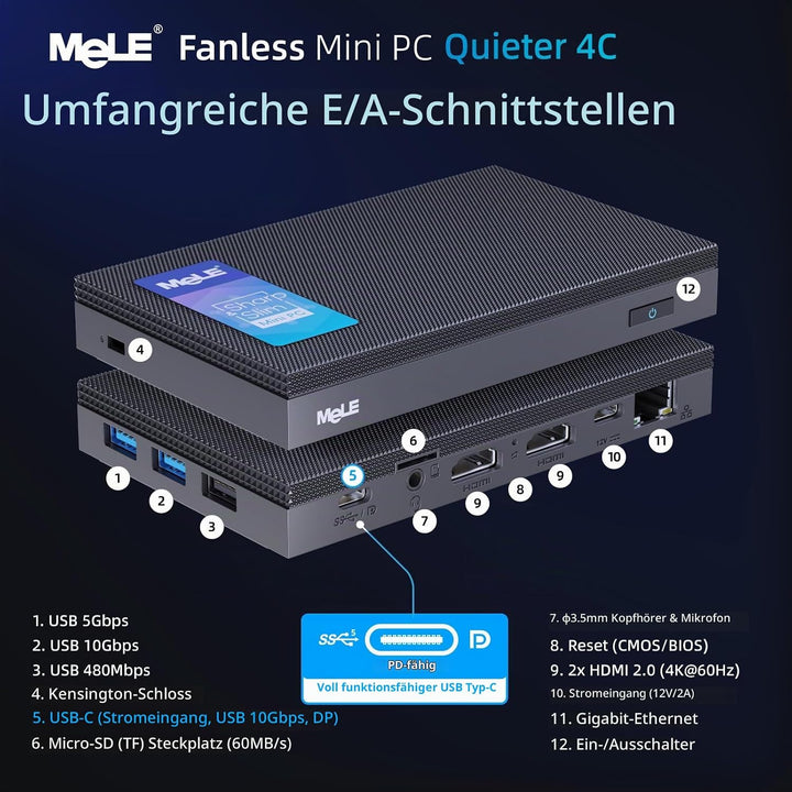 MeLE Quieter4C Lüfterloser Mini PC 8GB DDR4 128GB ROM Micro PC Twin Lake N150(bis zu 3.6GHz) USB-C 2