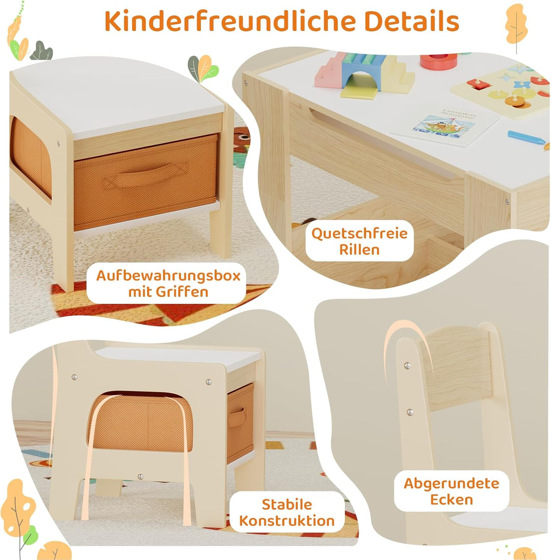 MAMIZO Kindertisch mit 2 PCS Stühlen, 3 in 1 Kinder Tisch Stuhl Set, Kindermöbel Set aus Holz mit St