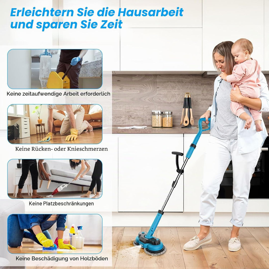 Elektrischer Mopp mit 2x2000 mAh Akkus, Bodenreiniger Spin Mop, Bodenwischer Elektrisch Kabellos, Wi