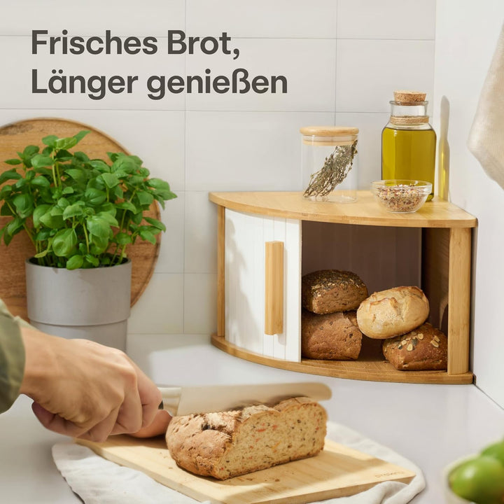 Praknu Brotkasten Ecke Holz mit Schiebetür – Platzsparende Brotbox – Hält Brot länger frisch - Einfa