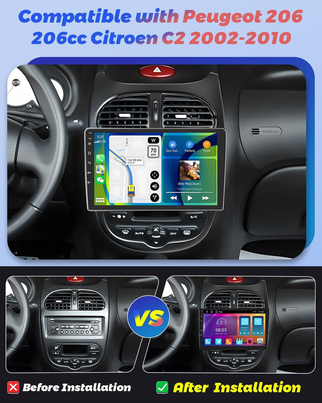 Hikity 2+64GB Android 15 Autoradio für Peugeot 206 206cc Citroen C2 2002-2010 Radio Wireless Carplay