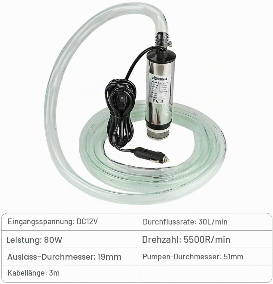 Edelstahl Transfer Pumpe 12V 51mm Wasserpumpe Tauchpumpe für Auto Diesel Öl Heizöl Wasser Kraftstoff