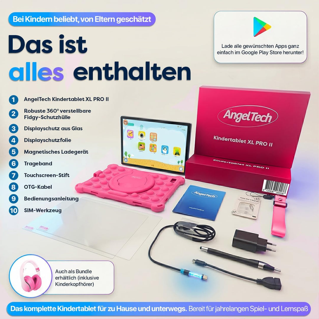 AngelTech Tablet Touchscreen für Kinder XL Pro II – 10 Zoll HD – 4 + 3 GB RAM – 64 + 128 GB ROM – Oc