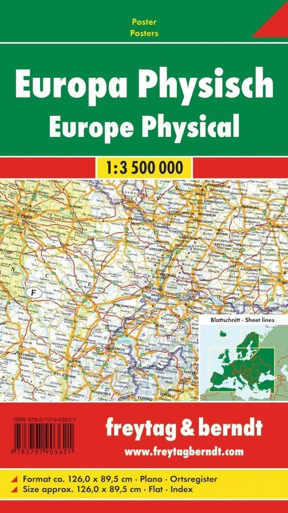 Europa physisch, 1:3,5 Mill., Poster: 126 x 89,5 cm, physische Karte (freytag & berndt Poster + Mark