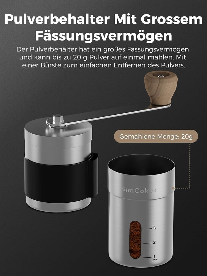 Kaffeemühle Manuell,Keramikmahlwerk mit 20 g Fassungsvermögen,Einstellbare Mahlgrad Einstellung,Hand