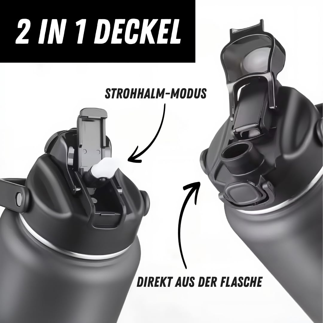 Thermosflasche 2L | 2-in-1 Deckel mit Strohhalm | 100% Spülmaschinenfest | 24h Eiskalt | 6h brennend