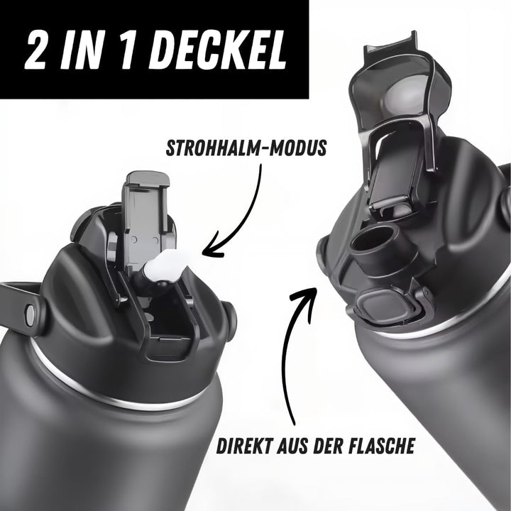 Thermosflasche 2L | 2-in-1 Deckel mit Strohhalm | 100% Spülmaschinenfest | 24h Eiskalt | 6h brennend