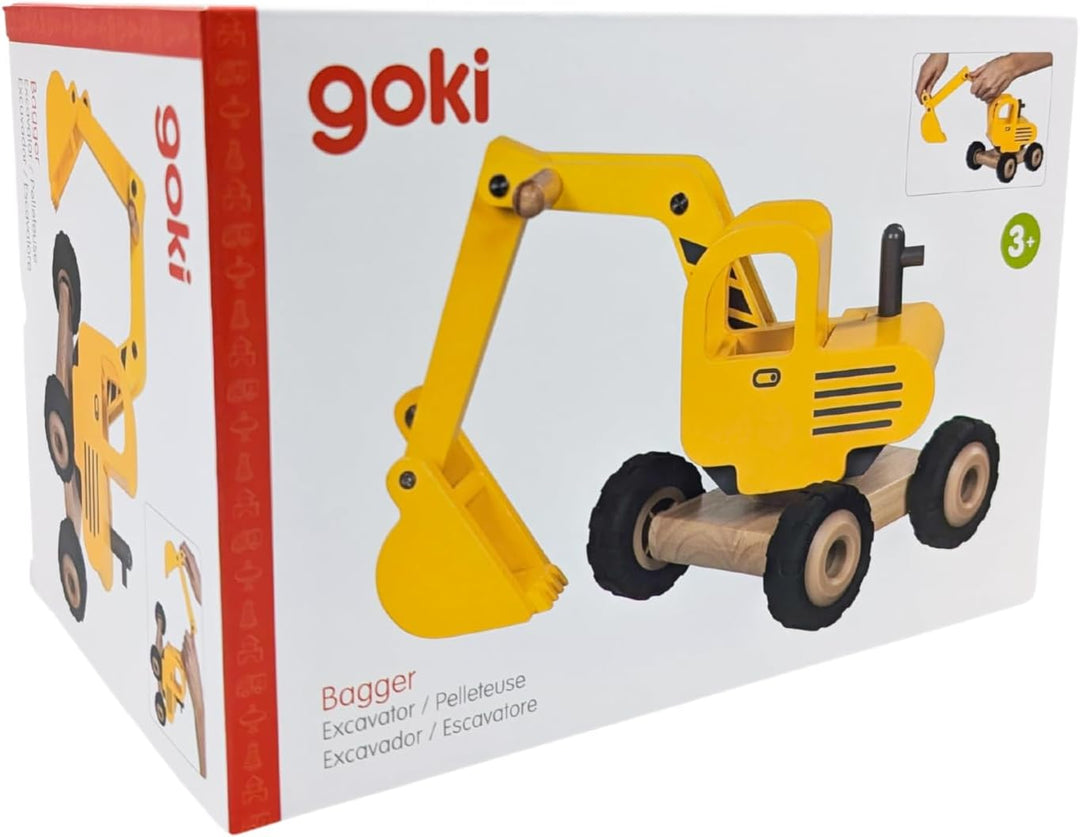 goki 55898 - Bagger aus Massivholz, Robustes Baufahrzeug mit beweglicher Schaufel und Gummireifen, g