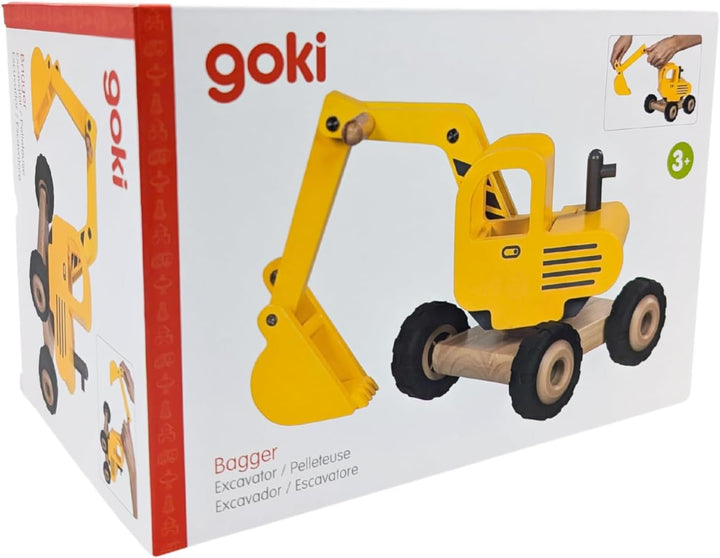 goki 55898 - Bagger aus Massivholz, Robustes Baufahrzeug mit beweglicher Schaufel und Gummireifen, g