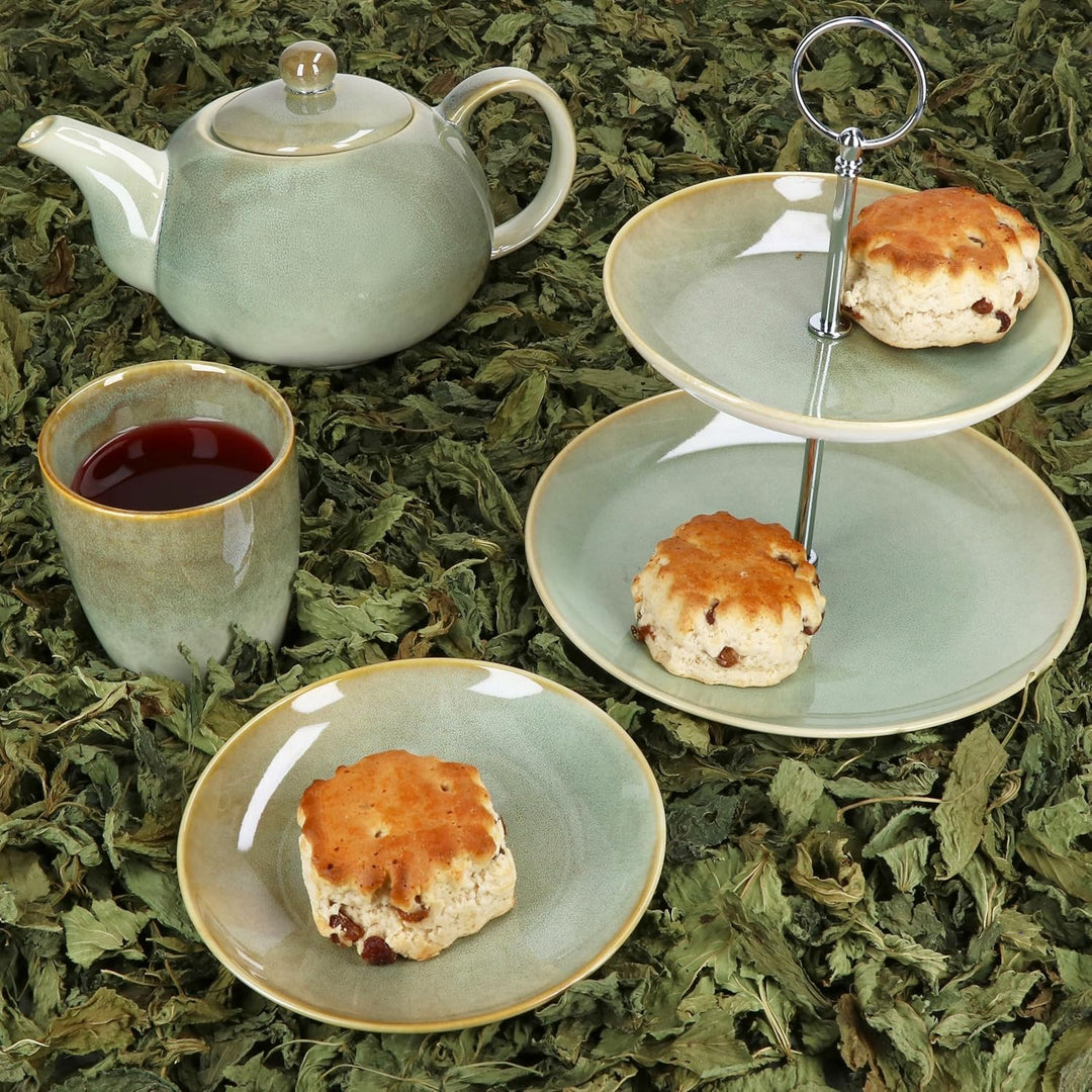 MamboCat 10tlg Teeset Scones Grün I 1x Etagere 2-stöckig, 1x Teekanne, 4X Becher & 4X Teller aus Ste