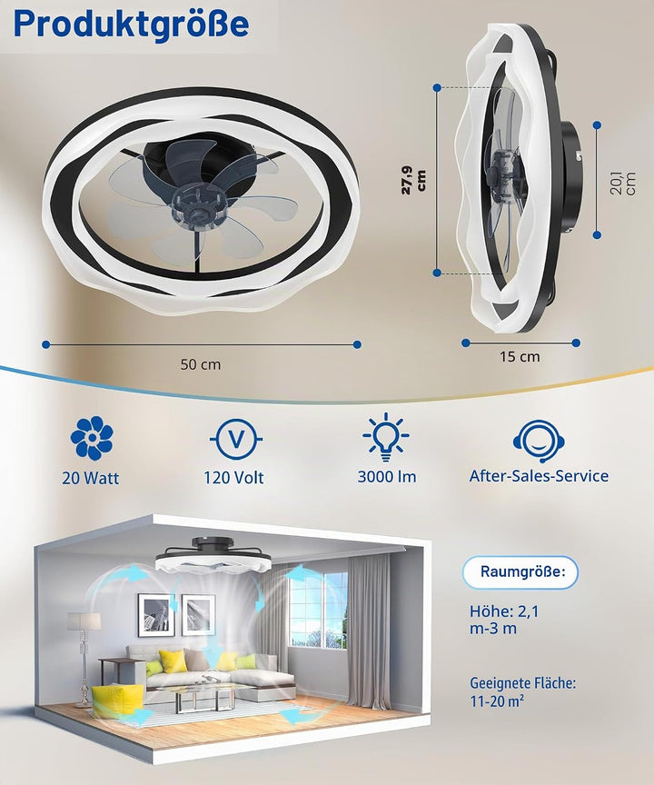 JAYNLT Deckenventilator mit Beleuchtung, Ø50CM Schwarzer Dimmbarer LED Deckenleuchte mit Ventilator