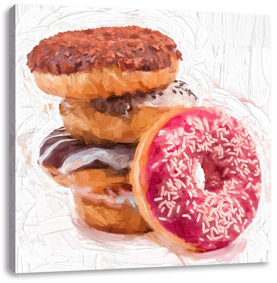 Süsse Donuts Pinsel Effekt, Format: 70x70 auf Leinwand, XXL riesige Bilder fertig gerahmt mit Keilra