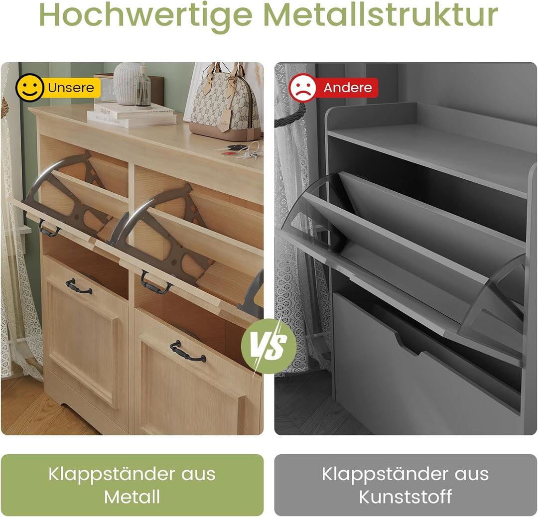 Schuhschrank Eiche Schuhkipper mit 4 Klappen, Schuhkommode Schuhregal mit Trennwände verstellbar und
