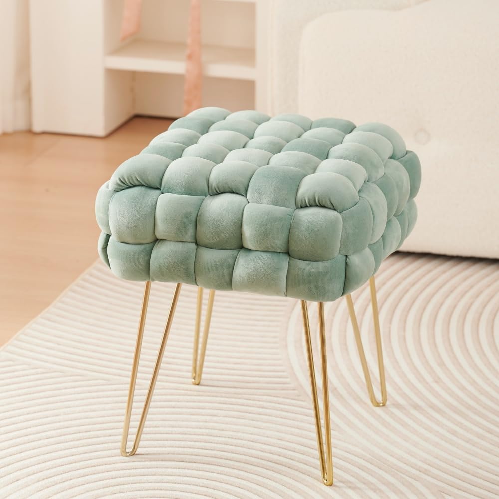 Zedelmaier Moderner Velvet Kosmetik Hocker, Quadratisch Ottoman-Fusshockermit goldfarbenen Metallbei