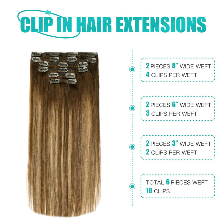 SURNEL Haarverlängerung Echthaar Clip 6pcs/120g Balayage Dunkelbraun mit Karamellblond Echthaar Exte