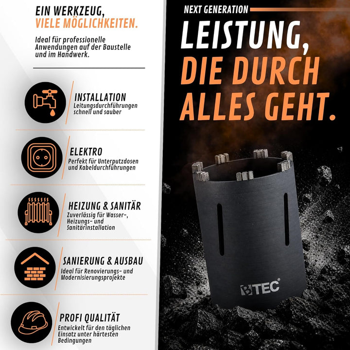 BTEC Premium Diamant Bohrkrone Beton Nutzlänge 180 mm, SDS-plus lang (200mm) Aufnahme und Zentrierbo