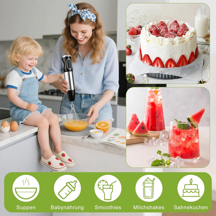 Dreamhigh® 4-in-1 Elektrische Stabmixer Set, 1000W Purierstab mit 12 Geschwindigkeiten & TURBO, inkl