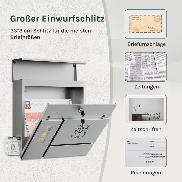 WOLTU XXL Briefkasten, Postkasten mit Zeitungsfach, Aufkleber gegen unerwünschte Werbung, Sichtfenst