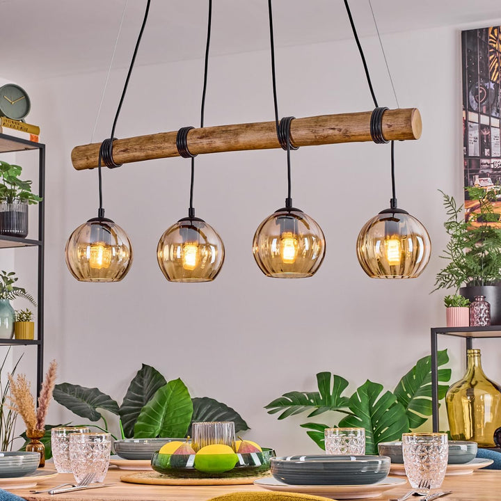 HOFSTEIN Pendelleuchte Koyoto, Hängelampe aus Metall/Holz/Riffelglas in Schwarz/Natur/Bernstein, Hän